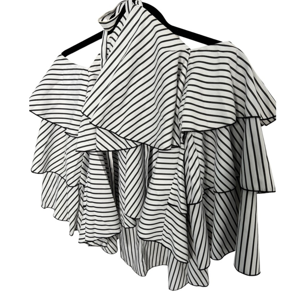 Striped Flounce Cold Shoulder Top